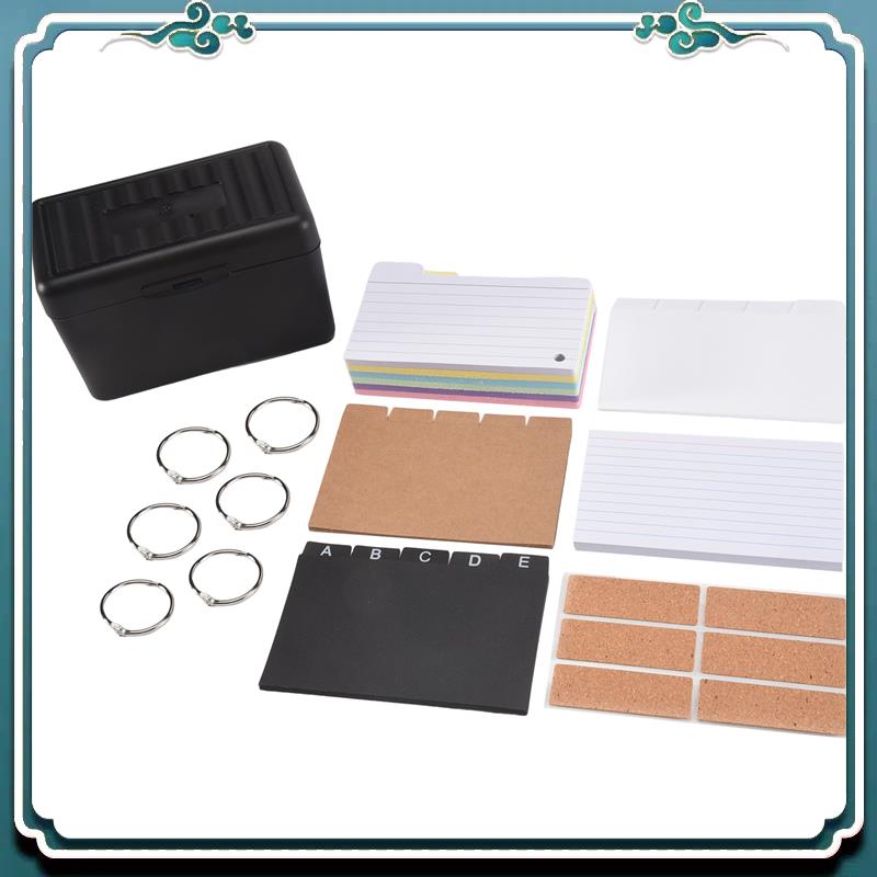 Card Index Box - インデックスカードホルダーセット、230枚の各種フラッシュカード付きインデックスボックス、カラフルなライン入り、6つのリングとステッカー、学校に最適、限定T