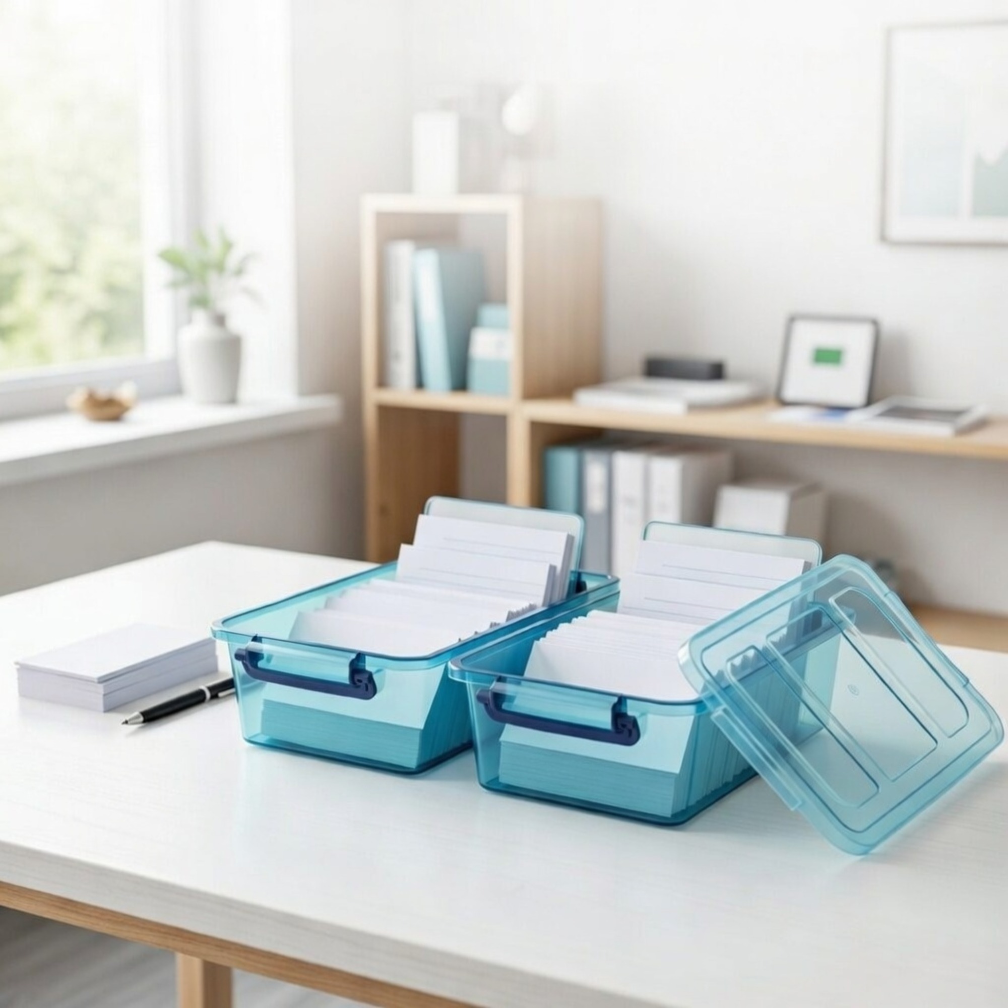 Card Index Box - 2パック透明インデックスカードホルダー、取り外し可能な蓋付き、オフィスや学校用の透明オーガナイザーボックス、吊り下げ式仕切り付き