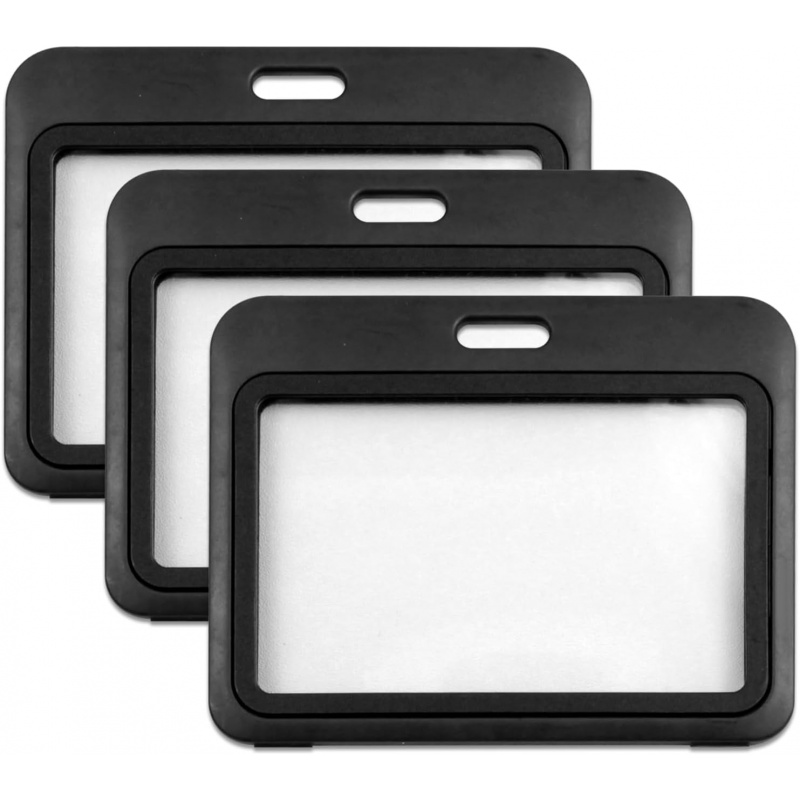 Index Card Holder - 3パック横型ハードプラスチックIDバッジホルダー – オフィス、学校、クレジットカード、アクセスカード用の両面ブラックカードケース